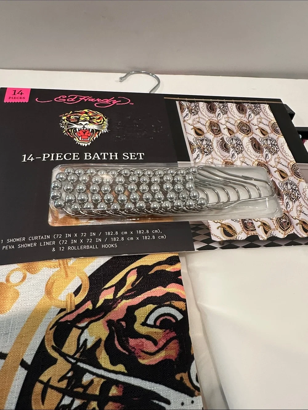 NWT Ed Hardy Tiger (14) Piece Shower Curtain Set with Fabric/Plastic.